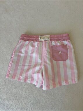 The Beaufort Bonnet Company Pink & White Striped Kids Swim Trunks